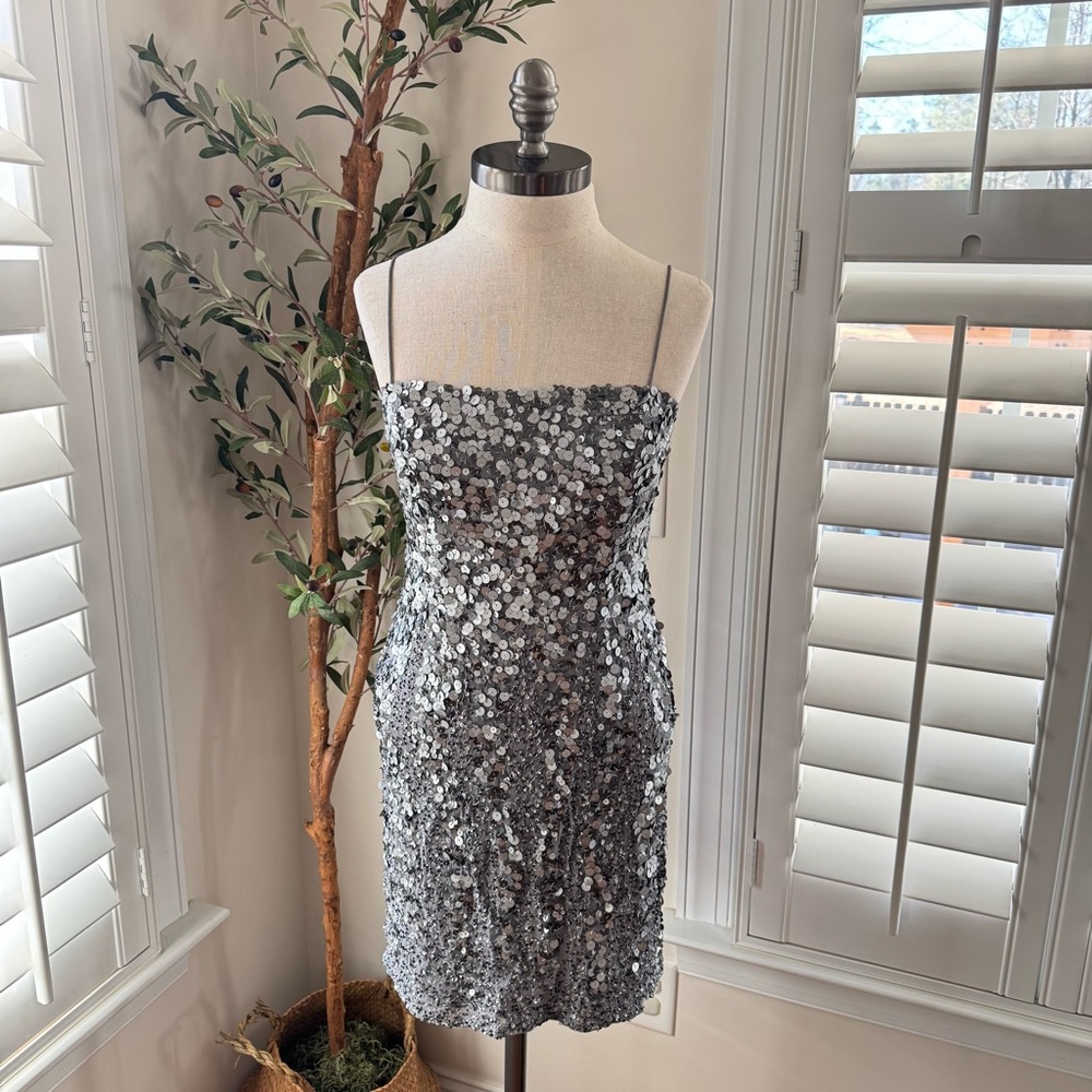 Silver Sequin Strapless Dress